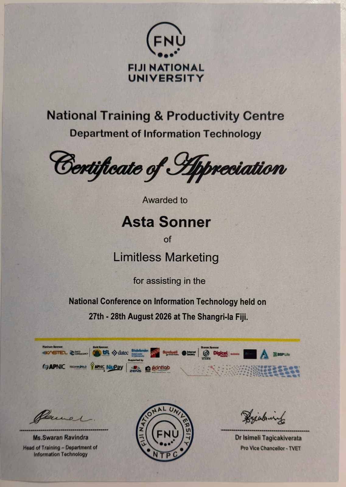 Certificate of Appreciation awarded to Asta Sonner of Limitless Marketing for NCIT 2026