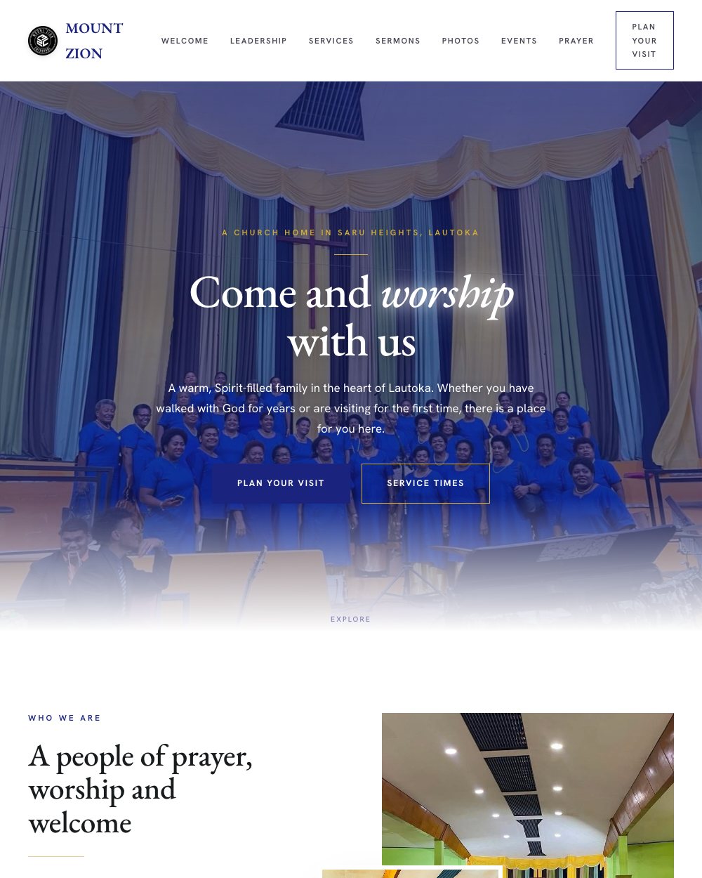 Mount Zion Cathedral website on launch day: choir in blue before ribboned curtains under Come and worship with us