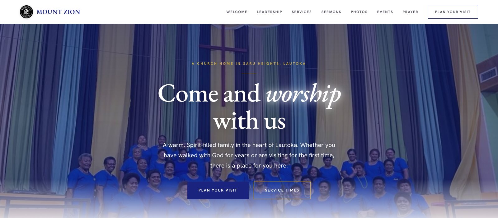mountzioncathedralfiji.com live: the church homepage across a wide desktop screen