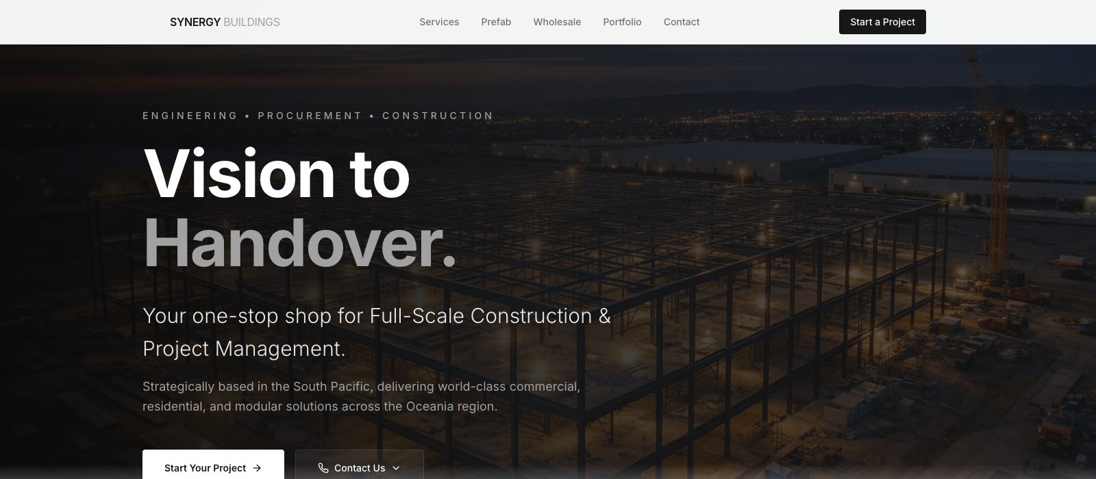 Synergy Buildings website: steel-frame construction site at dusk under Vision to Handover