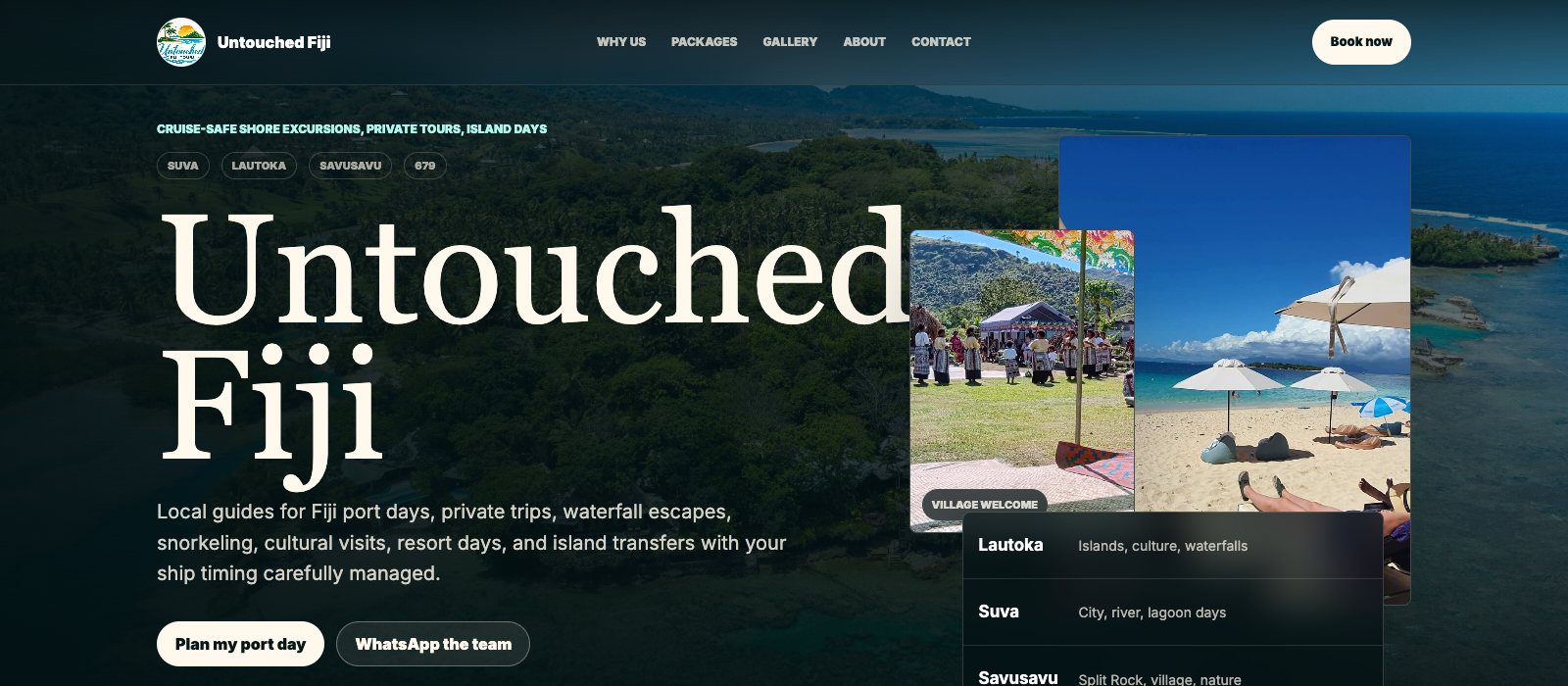 Untouched Fiji website: island coastline hero with tour photo cards and port-day booking